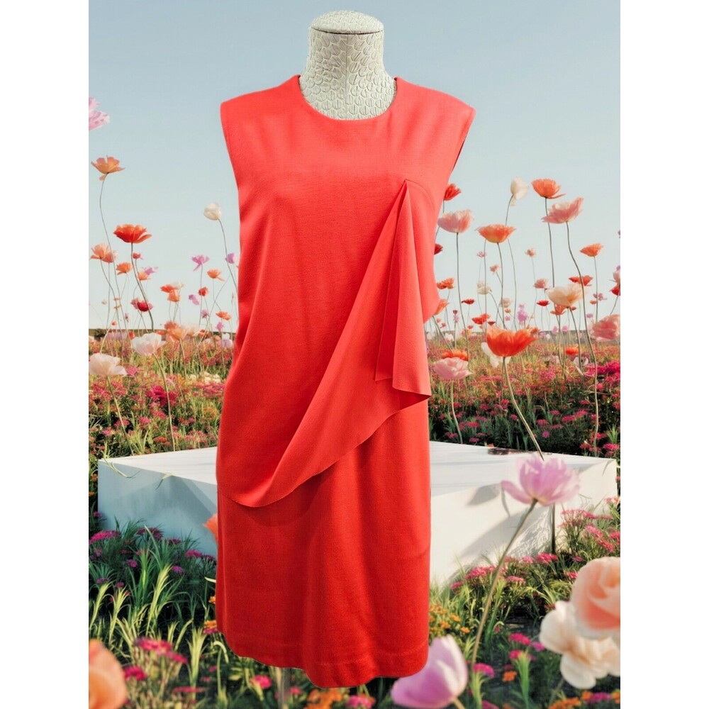 Women's L COS Red Orange Minimalist Draped Jersey Dress Sheath Shift Career‎ EUC